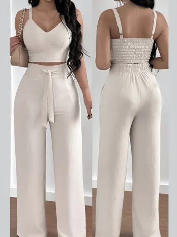 Conjunto Feminino Duna Areia Calça Pantalona e Cropped com Bojo Alça Regulável Alfaiataria