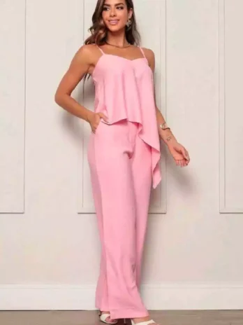 Conjunto Feminino Calça Pantalona Cintura Alta e Blusa Longa com Alça