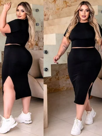 Conjunto Feminino Saia Plus Size Com Fenda Lateral Cropped Manga Curta até 52