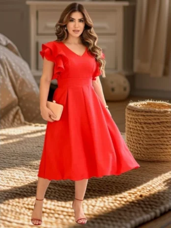 Vestido Midi luxo feminino Evangélico, Mangas Babados, Tecido Duna Linho, Tamanho ÚNICO