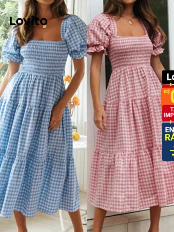 Vestido Lovito Feminino Midi Xadrez Manga Bufante